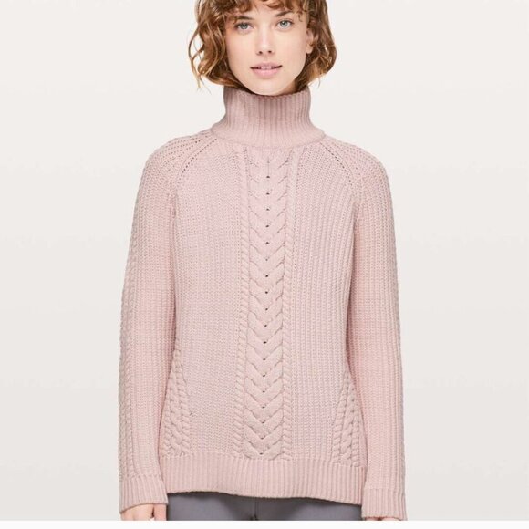 lululemon athletica Sweaters - Lululemon Bring the Cozy Pink Chunky Cable Knit Sweater High Neck Boho Size 6